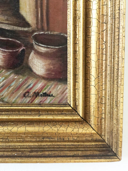 Vintage Original Oil Painting with a girl in a Cottage Interior, circa 1940