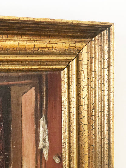 Vintage Original Oil Painting with a girl in a Cottage Interior, circa 1940