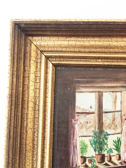 Vintage Original Oil Painting with a girl in a Cottage Interior, circa 1940