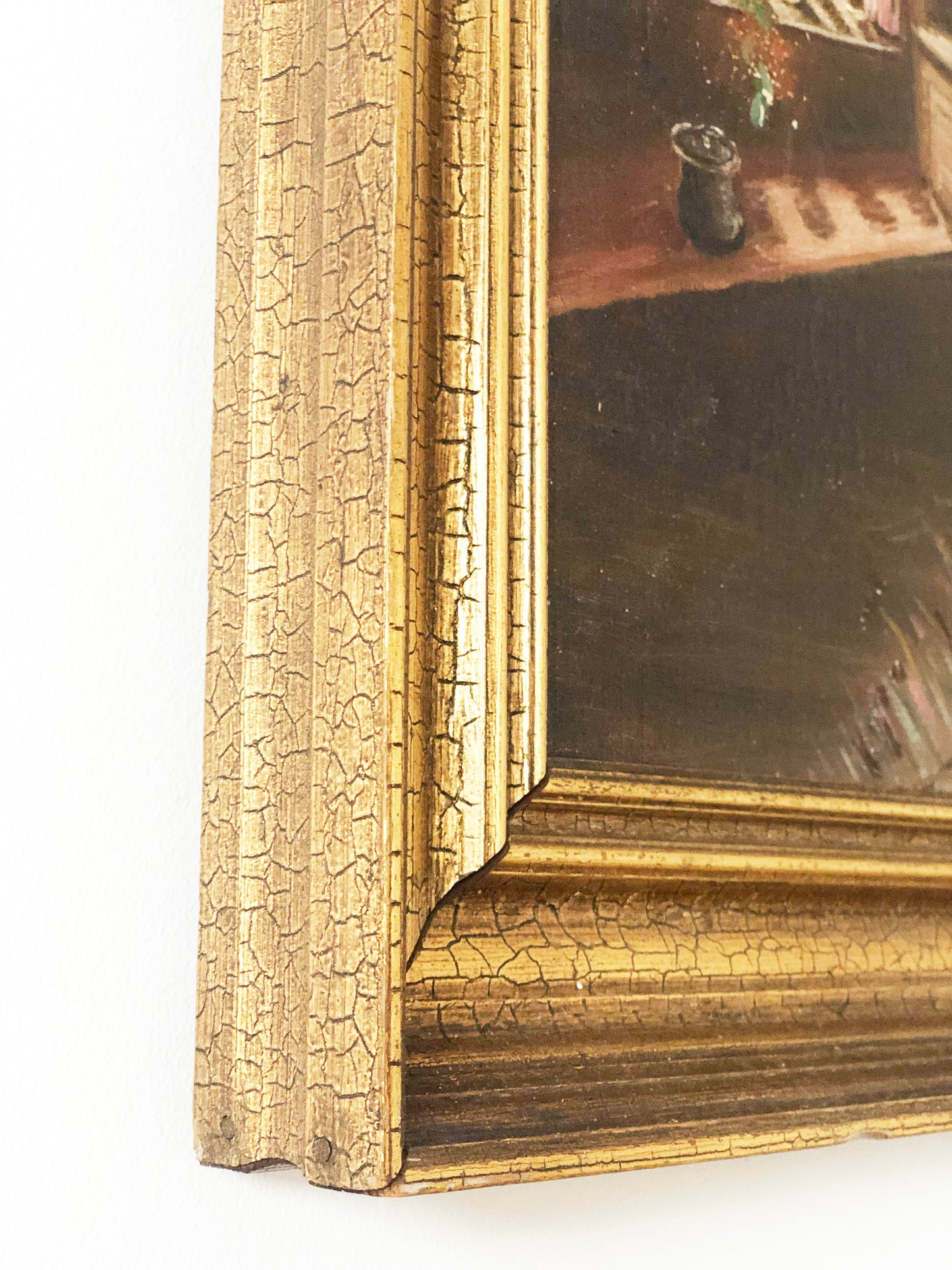 Vintage Original Oil Painting with a girl in a Cottage Interior, circa 1940