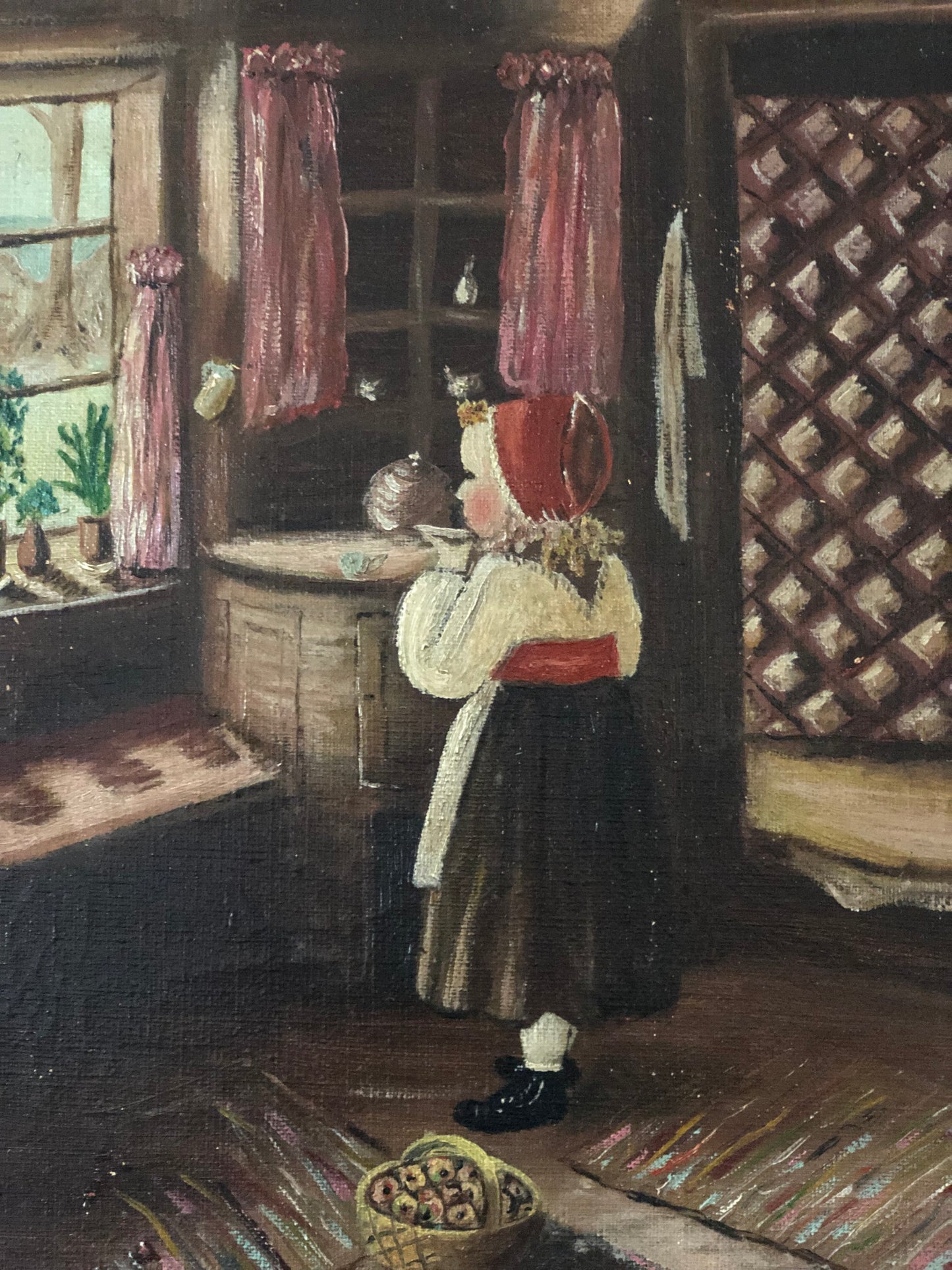 Vintage Original Oil Painting with a girl in a Cottage Interior, circa 1940