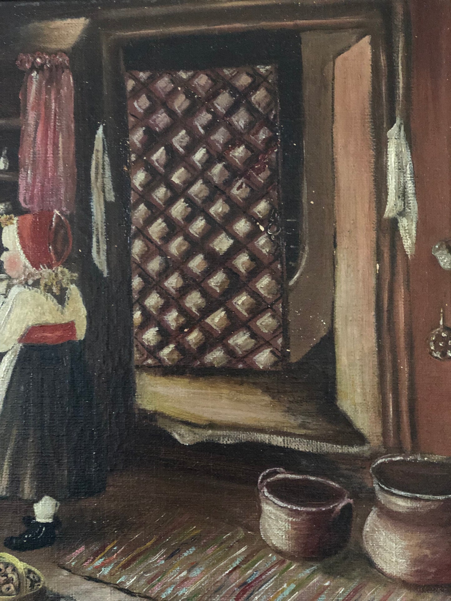 Vintage Original Oil Painting with a girl in a Cottage Interior, circa 1940