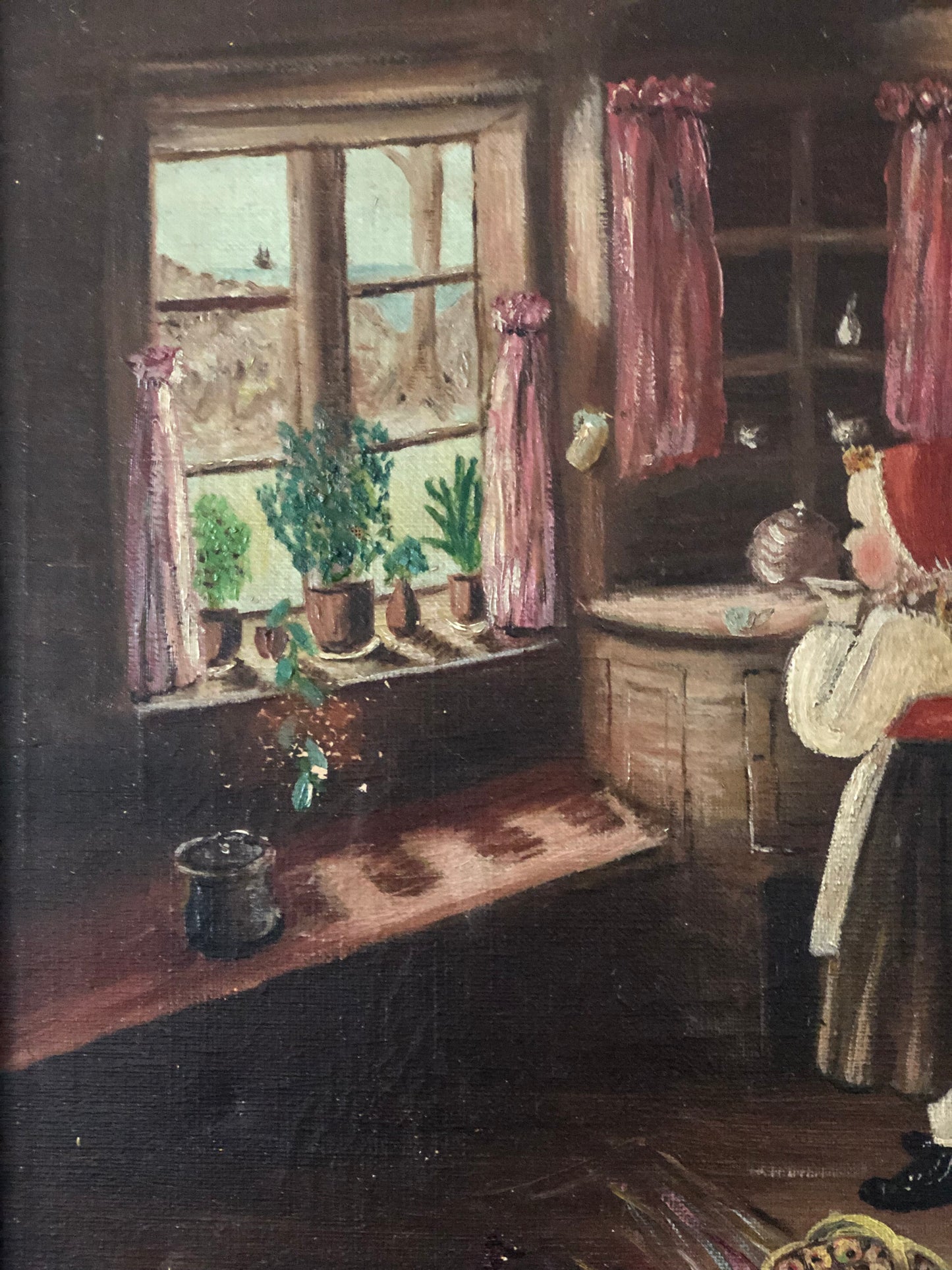 Vintage Original Oil Painting with a girl in a Cottage Interior, circa 1940