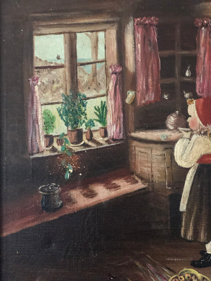Vintage Original Oil Painting with a girl in a Cottage Interior, circa 1940