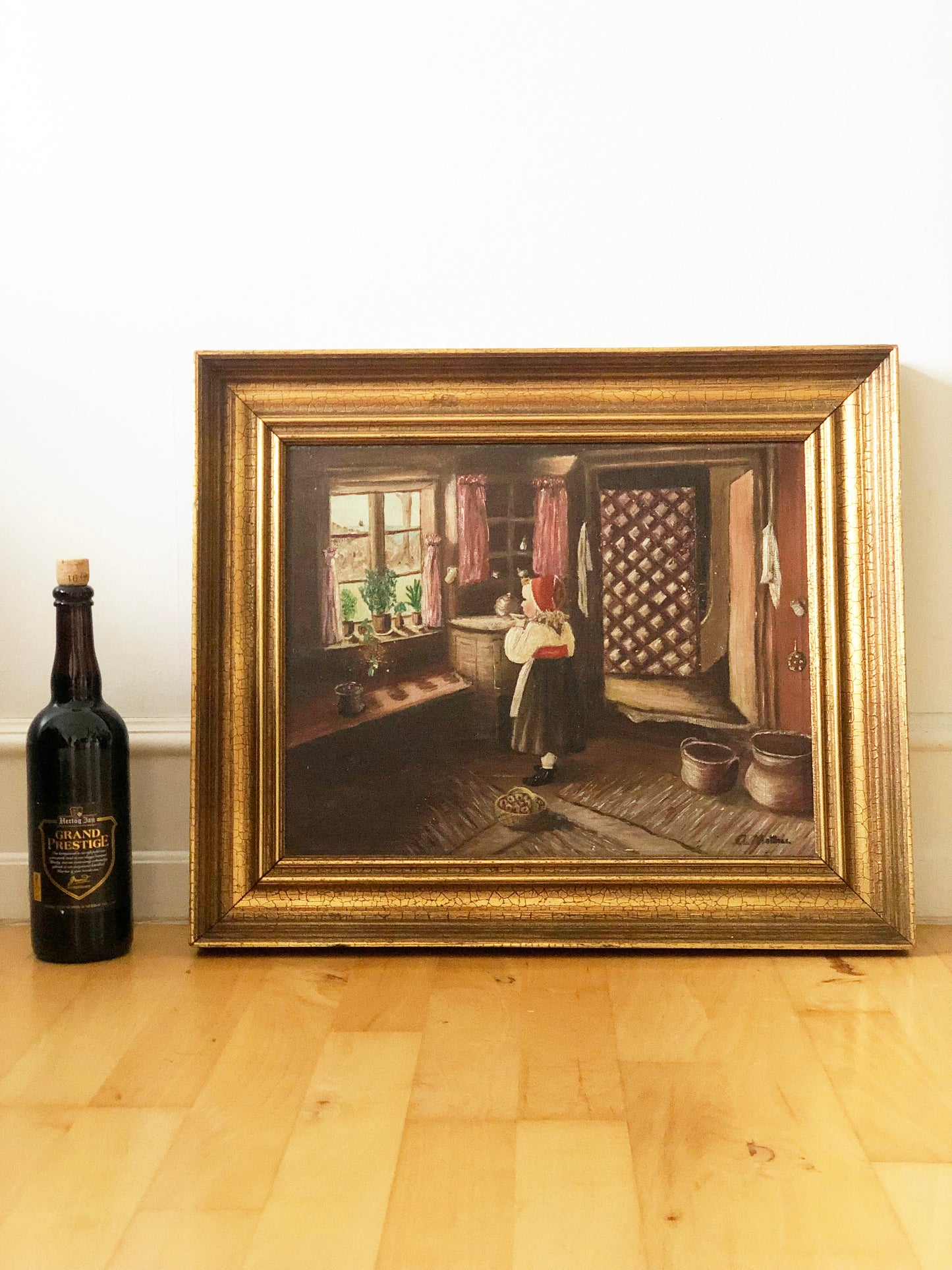 Vintage Original Oil Painting with a girl in a Cottage Interior, circa 1940