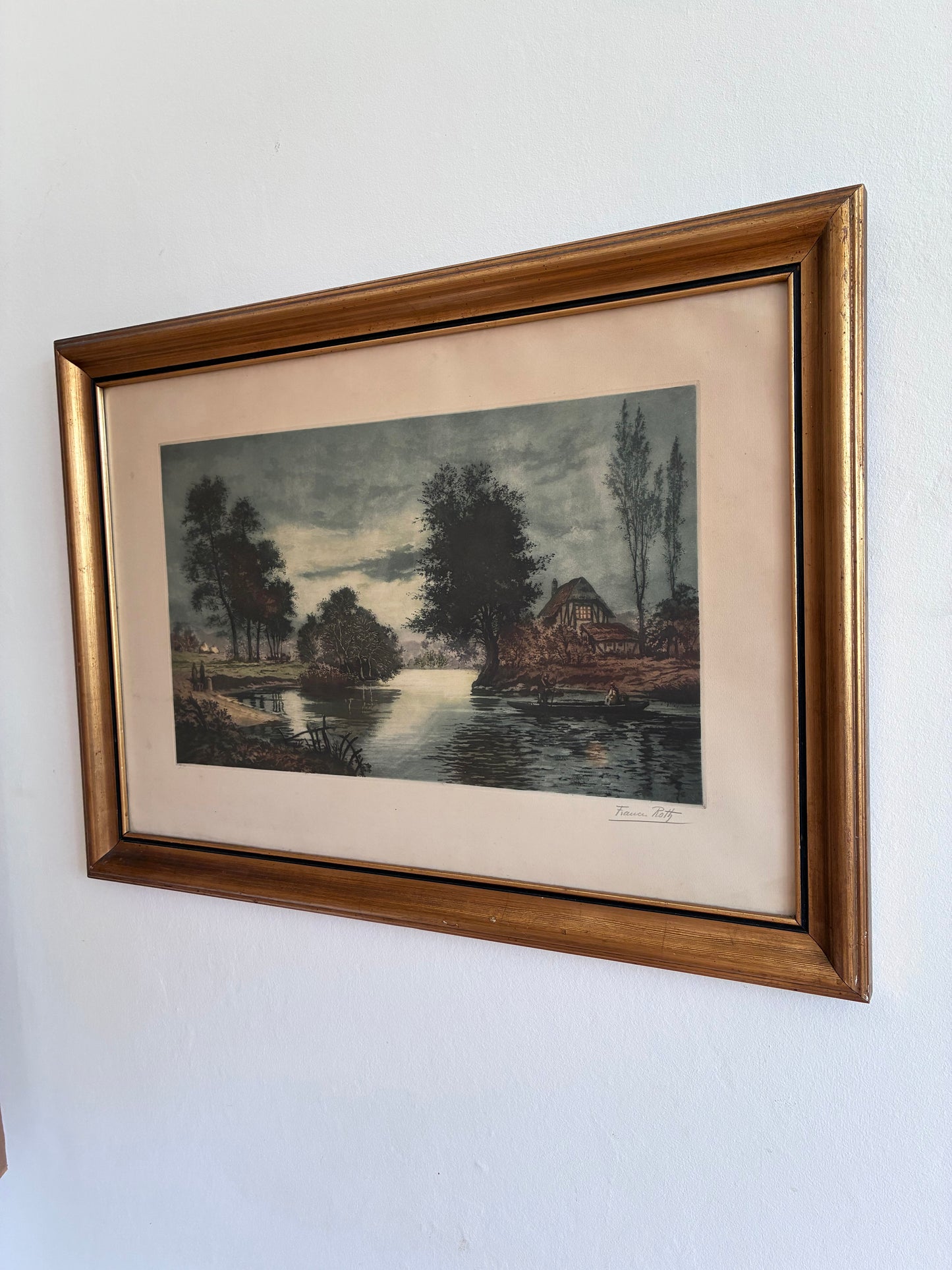 Vintage Original Riverside Cottage Print, Signed Landscape Art, 1970s