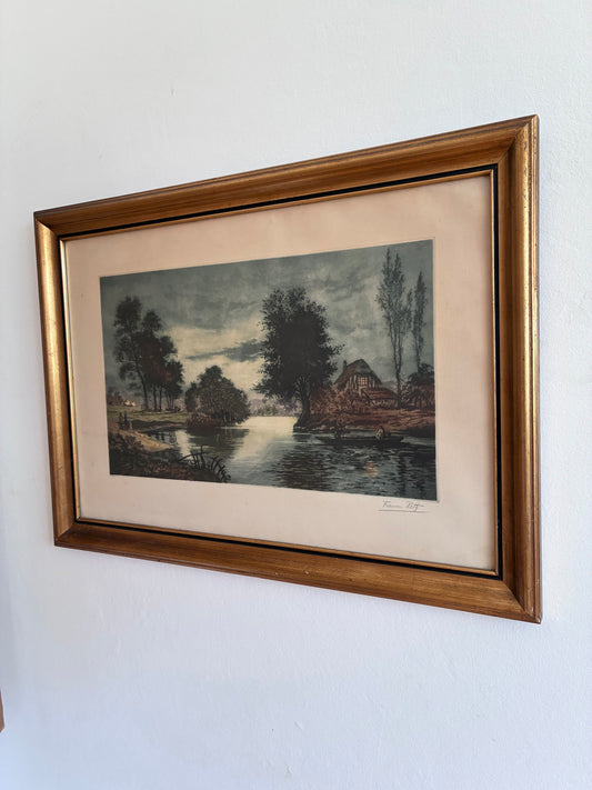 Vintage Original Riverside Cottage Print, Signed Landscape Art, 1970s