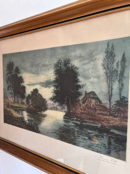 Vintage Original Riverside Cottage Print, Signed Landscape Art, 1970s