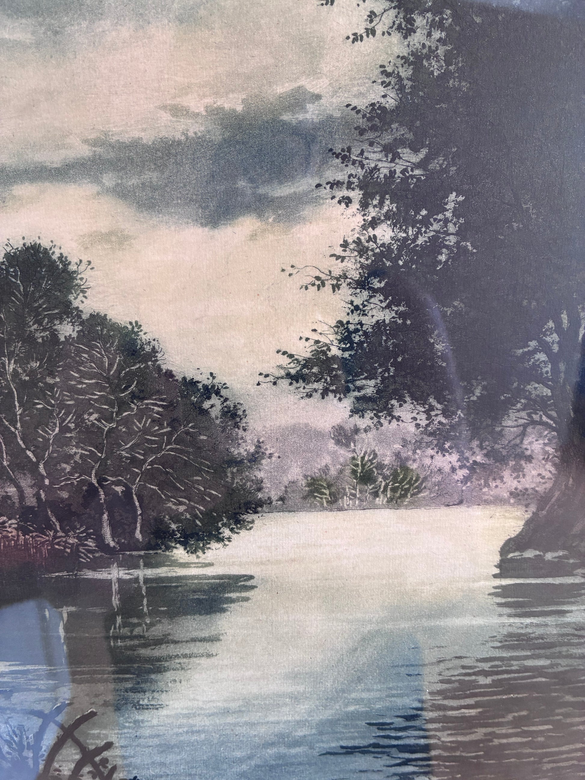 Vintage Original Riverside Cottage Print, Signed Landscape Art, 1970s