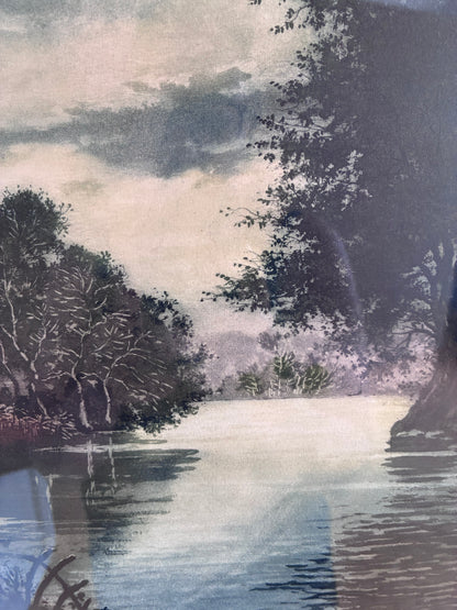 Vintage Original Riverside Cottage Print, Signed Landscape Art, 1970s