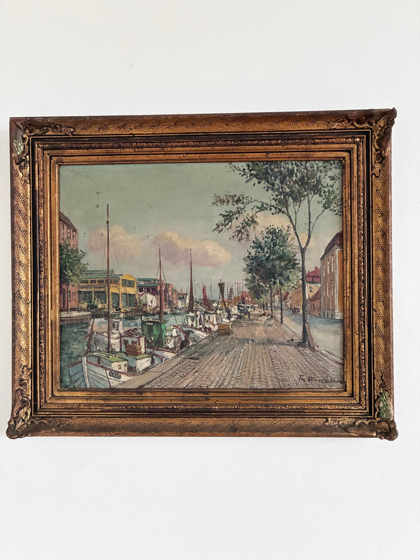 Vintage Original Scandinavian Harbor Oil Painting
