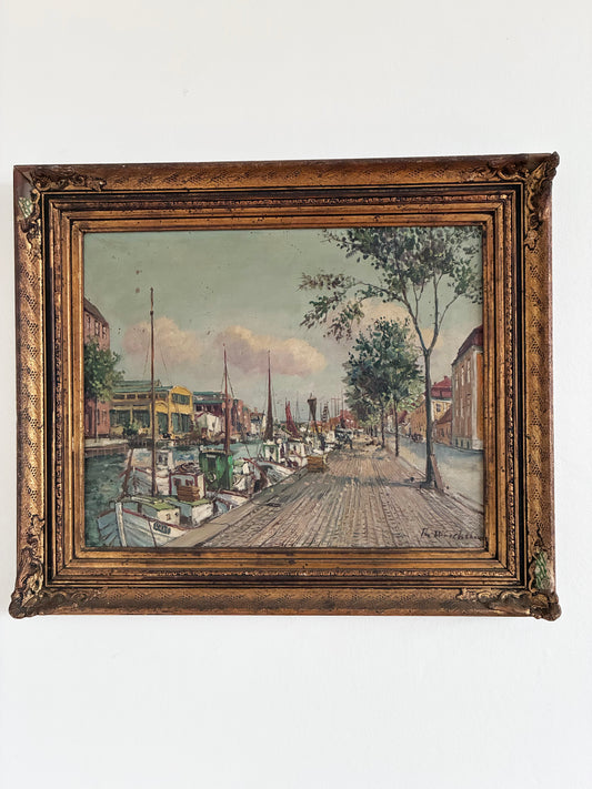 Vintage Original Scandinavian Harbor Oil Painting
