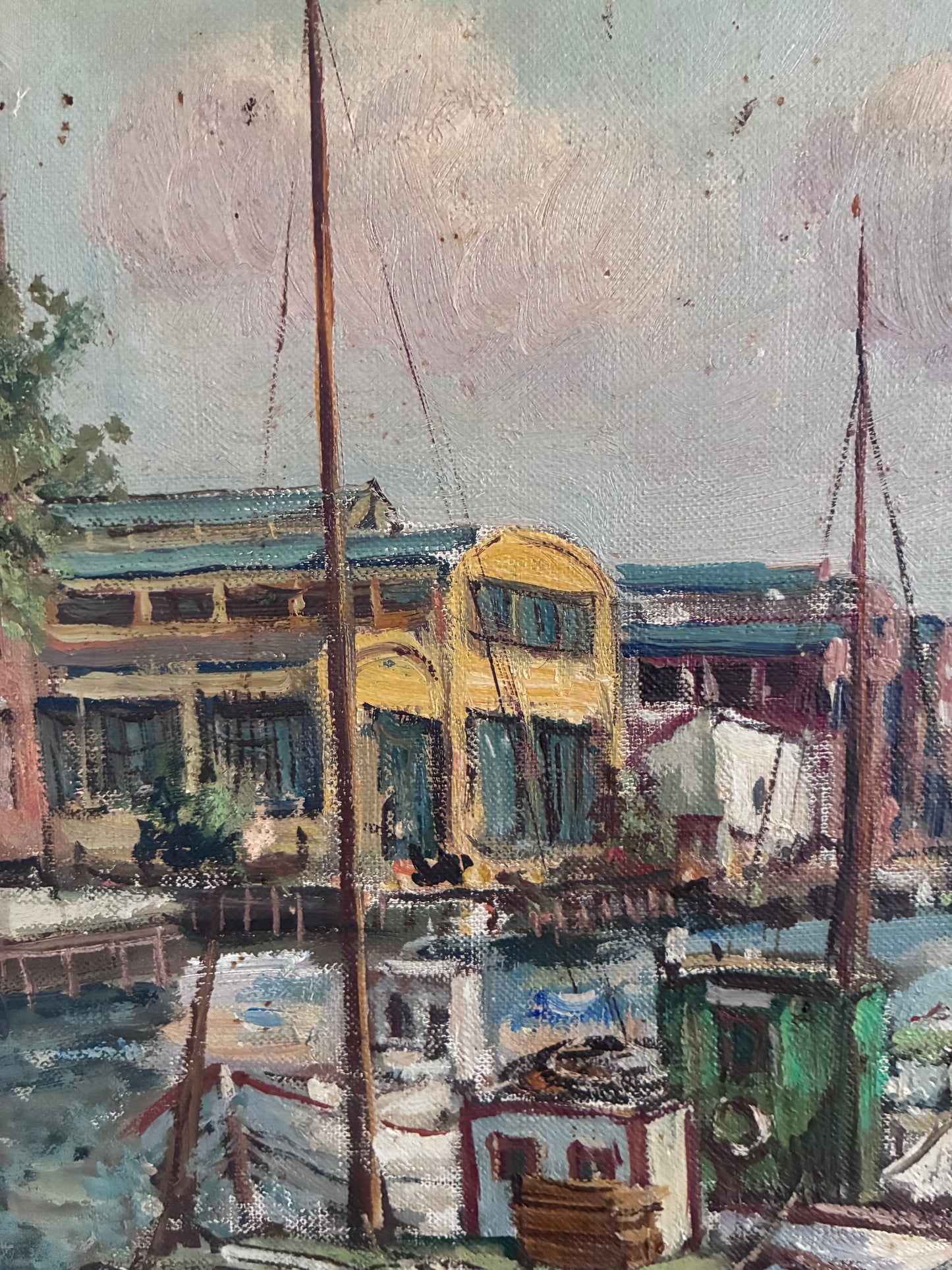 Vintage Original Scandinavian Harbor Oil Painting