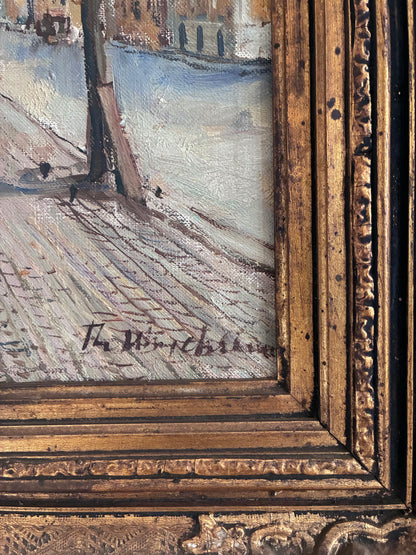 Vintage Original Scandinavian Harbor Oil Painting