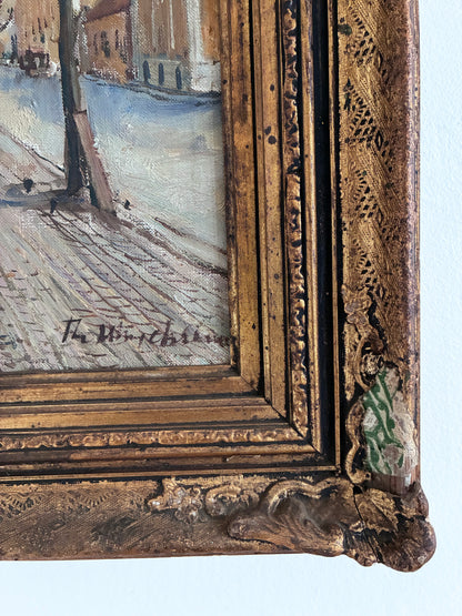 Vintage Original Scandinavian Harbor Oil Painting