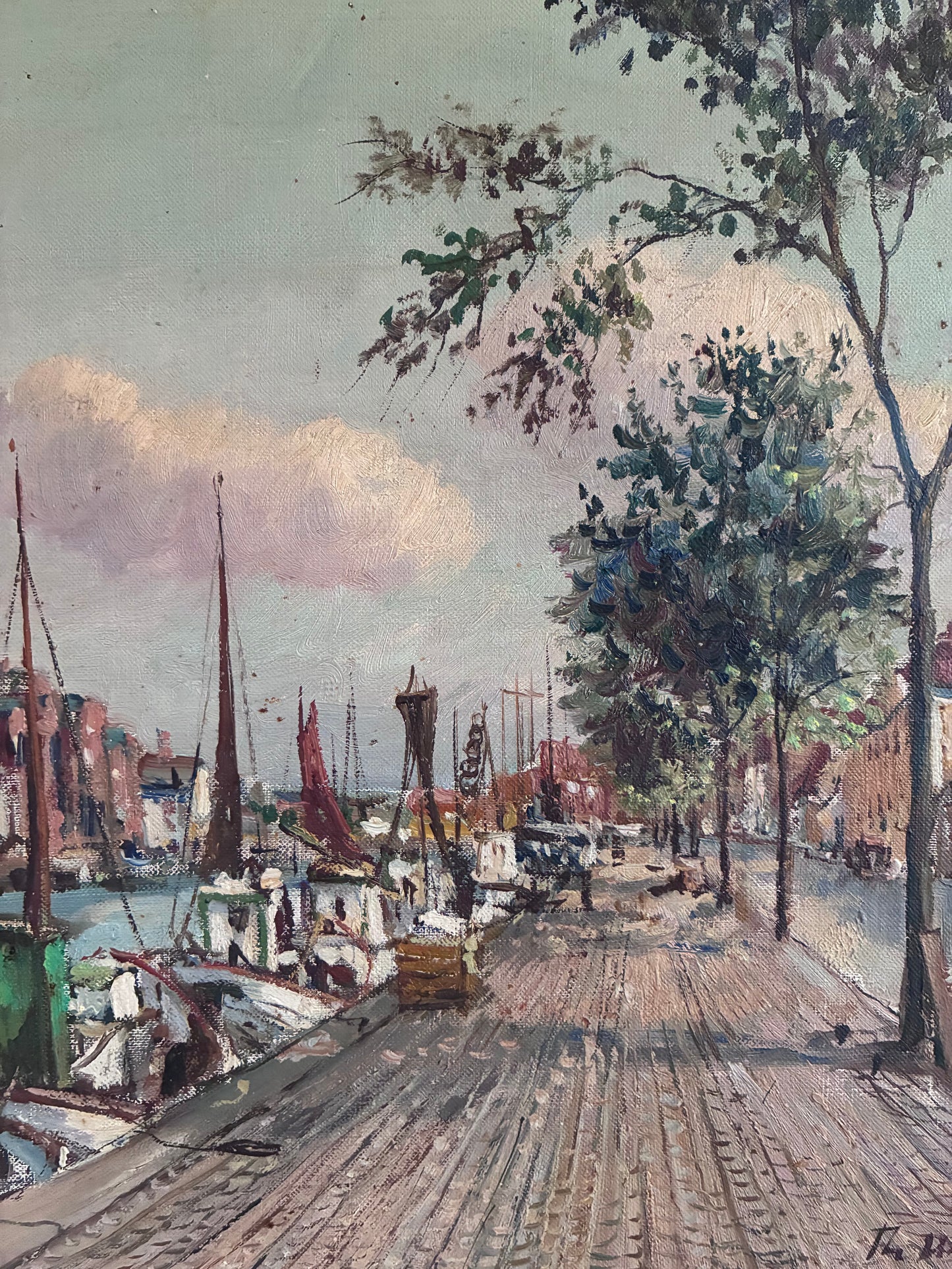 Vintage Original Scandinavian Harbor Oil Painting
