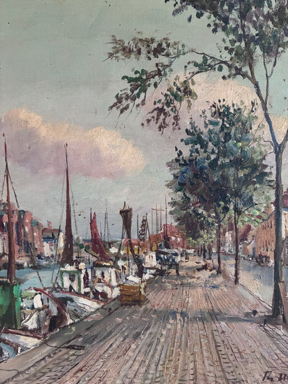 Vintage Original Scandinavian Harbor Oil Painting