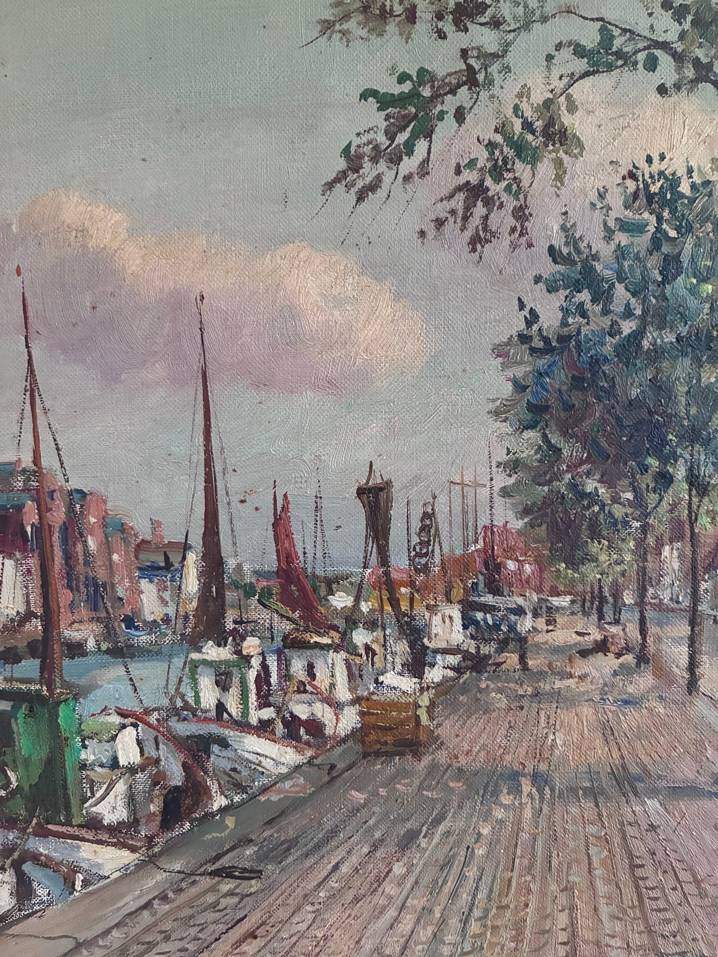 Vintage Original Scandinavian Harbor Oil Painting