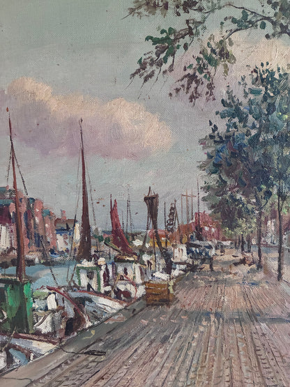 Vintage Original Scandinavian Harbor Oil Painting