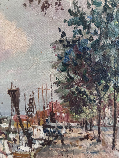Vintage Original Scandinavian Harbor Oil Painting