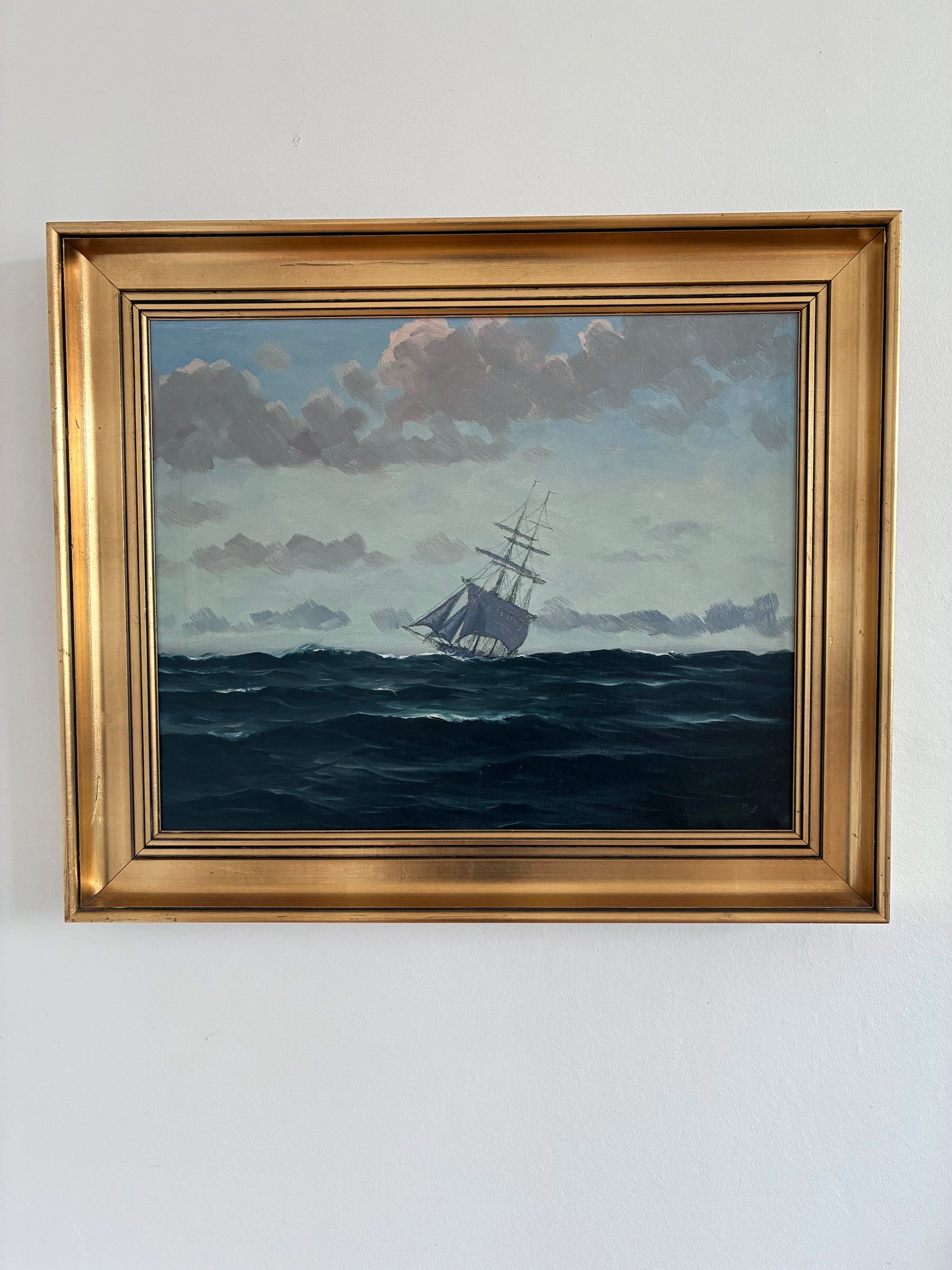 Vintage Original Seascape Oil Painting, Signed Sailing Ship Art
