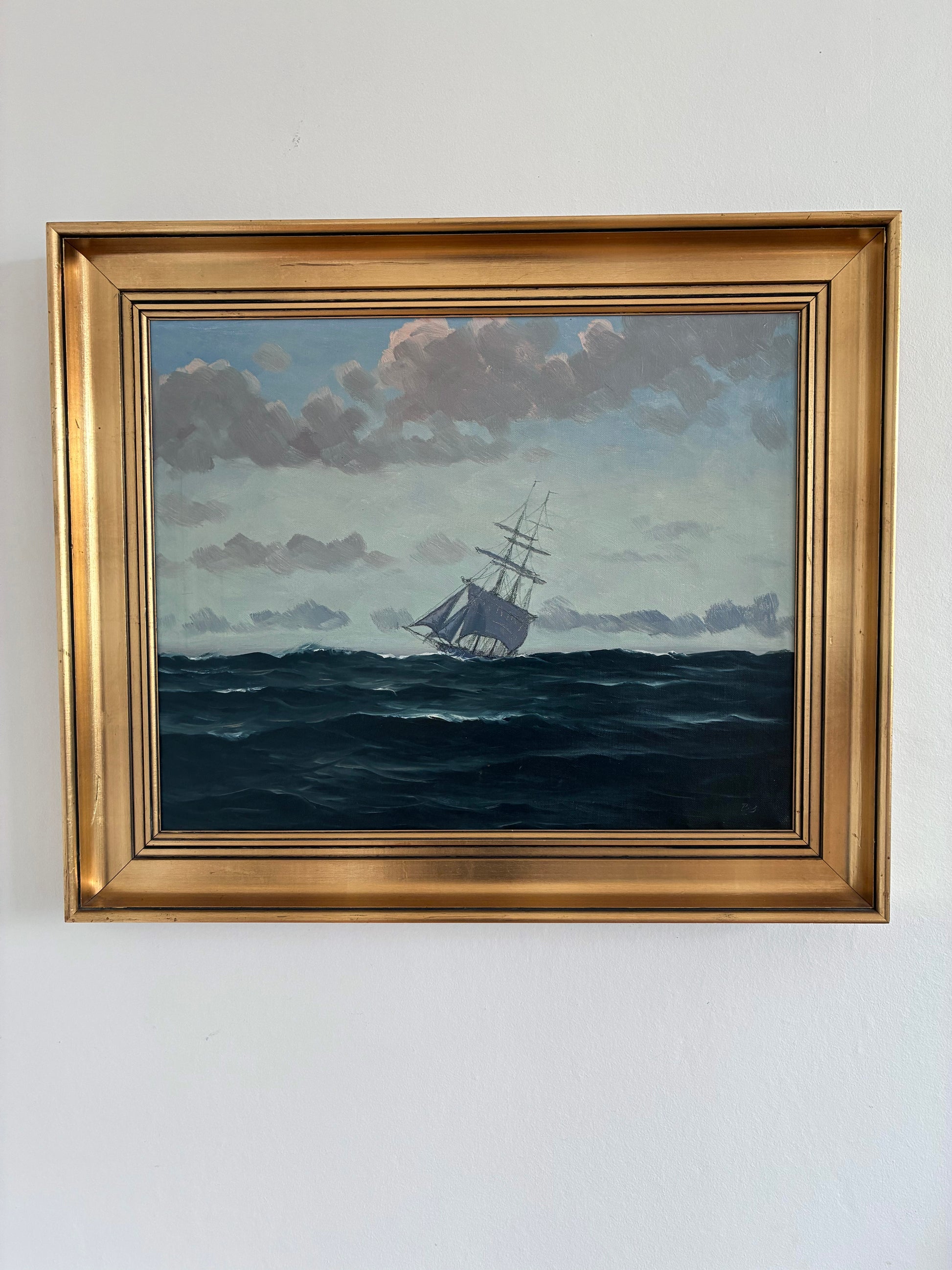 Vintage Original Seascape Oil Painting, Signed Sailing Ship Art