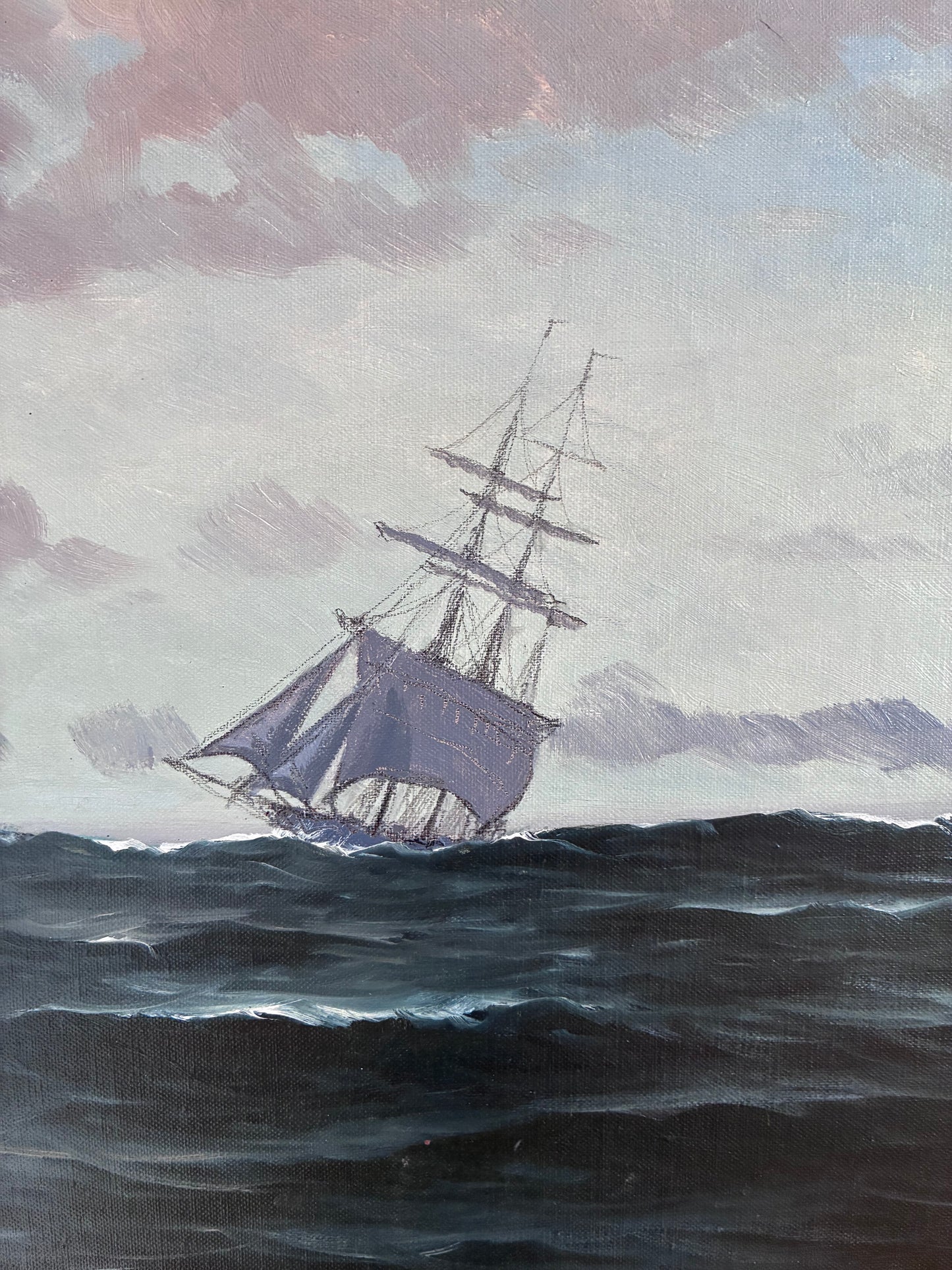 Vintage Original Seascape Oil Painting, Signed Sailing Ship Art