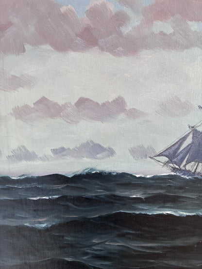 Vintage Original Seascape Oil Painting, Signed Sailing Ship Art