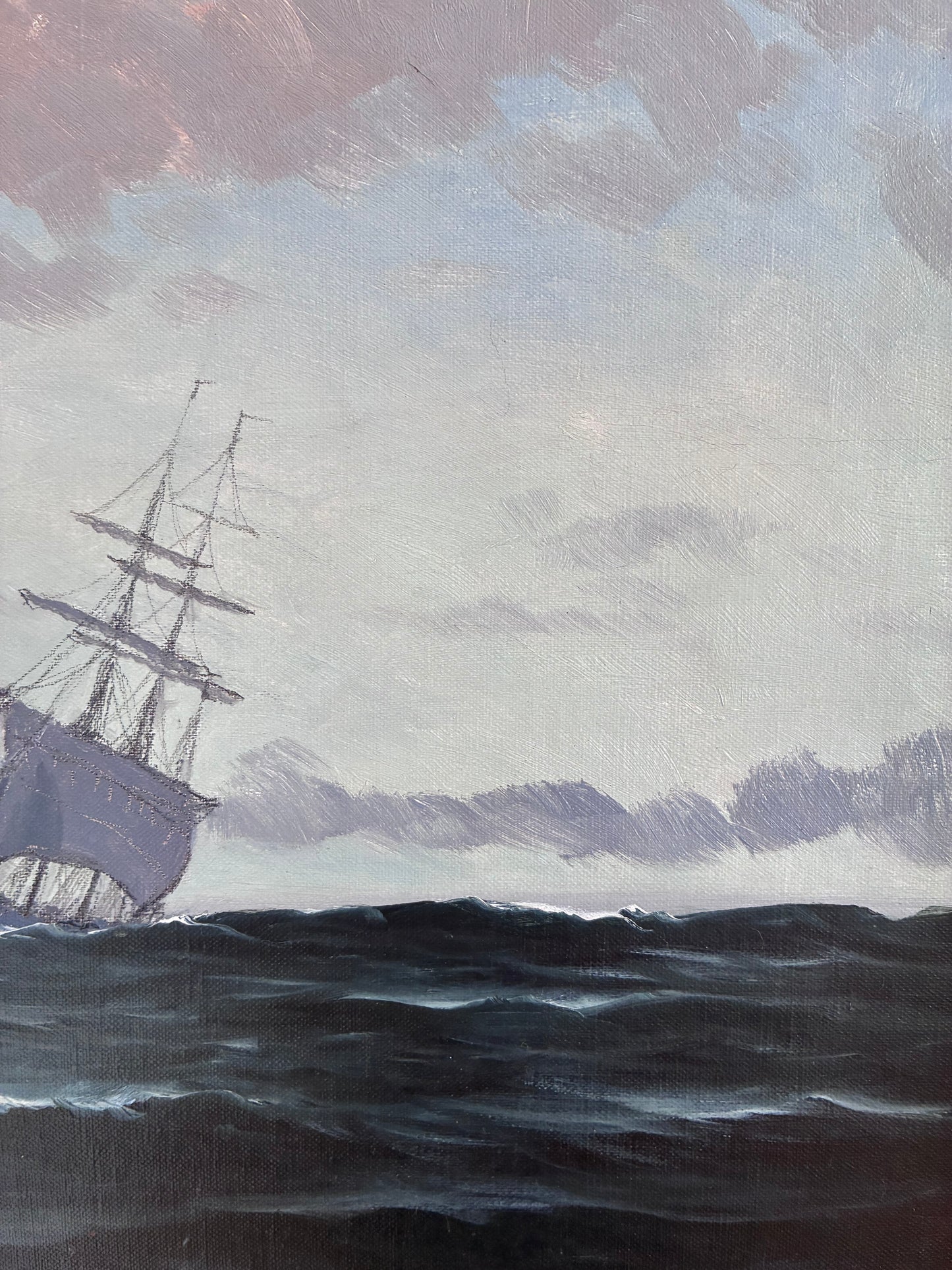 Vintage Original Seascape Oil Painting, Signed Sailing Ship Art