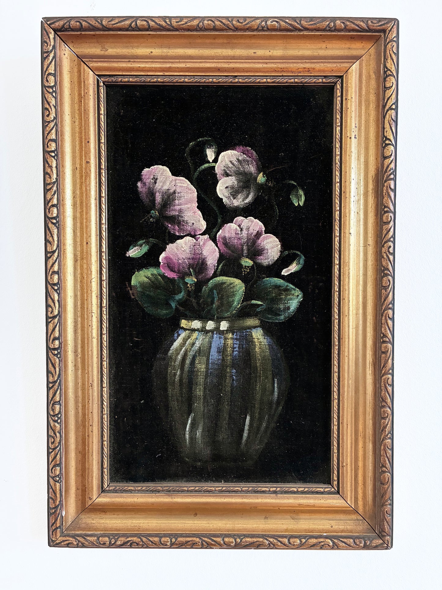 Vintage Original Velvet Flower Oil Painting, Framed Pink Floral Still Life Wall Art