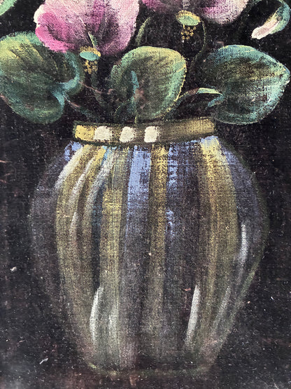 Vintage Original Velvet Flower Oil Painting, Framed Pink Floral Still Life Wall Art
