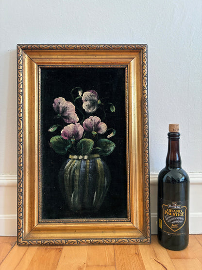 Vintage Original Velvet Flower Oil Painting, Framed Pink Floral Still Life Wall Art