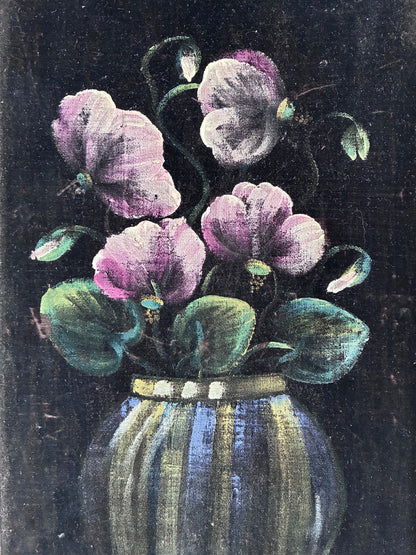 Vintage Original Velvet Flower Oil Painting, Framed Pink Floral Still Life Wall Art