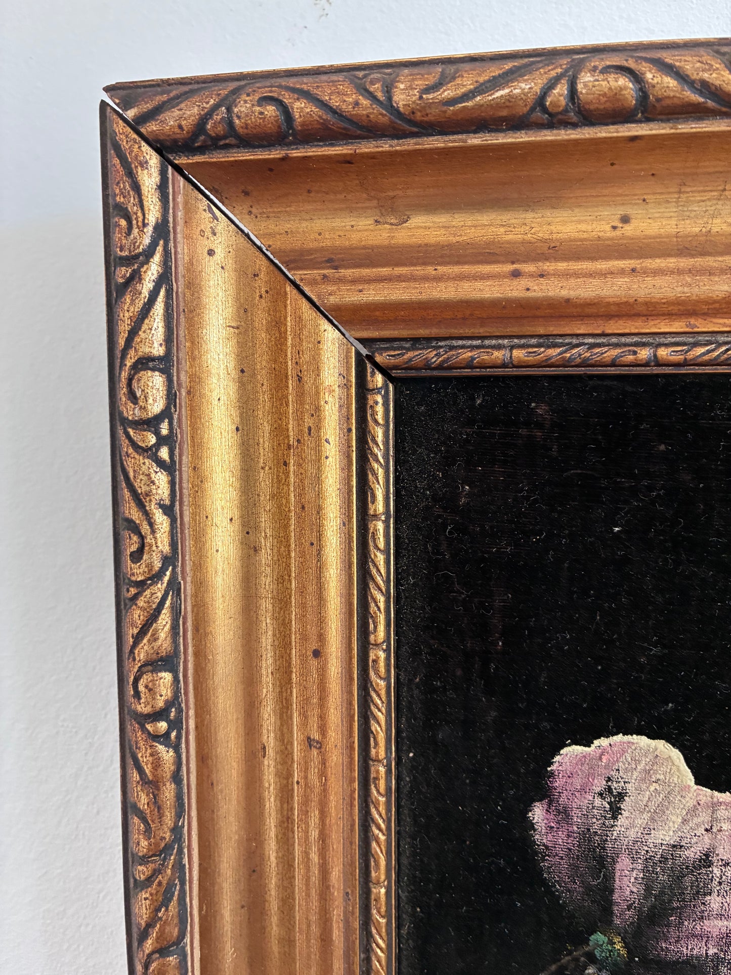 Vintage Original Velvet Flower Oil Painting, Framed Pink Floral Still Life Wall Art