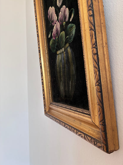 Vintage Original Velvet Flower Oil Painting, Framed Pink Floral Still Life Wall Art