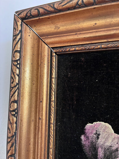 Vintage Original Velvet Flower Oil Painting, Framed Pink Floral Still Life Wall Art