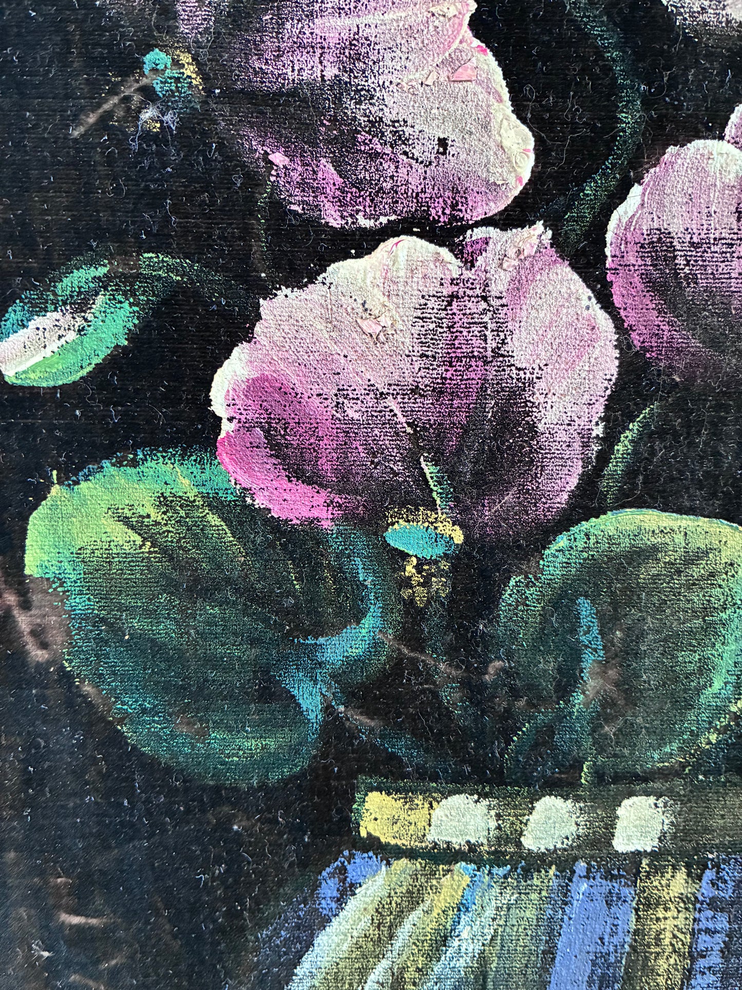 Vintage Original Velvet Flower Oil Painting, Framed Pink Floral Still Life Wall Art