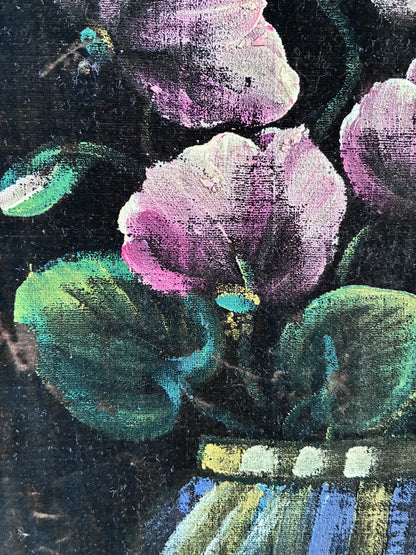 Vintage Original Velvet Flower Oil Painting, Framed Pink Floral Still Life Wall Art