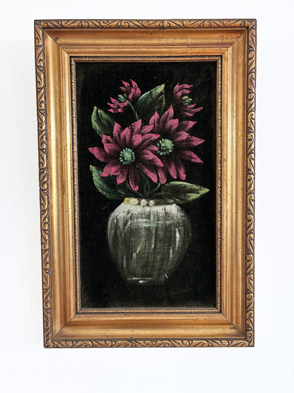 Vintage Original Velvet Flower Oil Painting, Framed Red Floral Still Life Wall Art