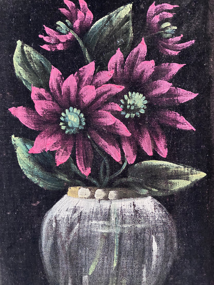 Vintage Original Velvet Flower Oil Painting, Framed Red Floral Still Life Wall Art