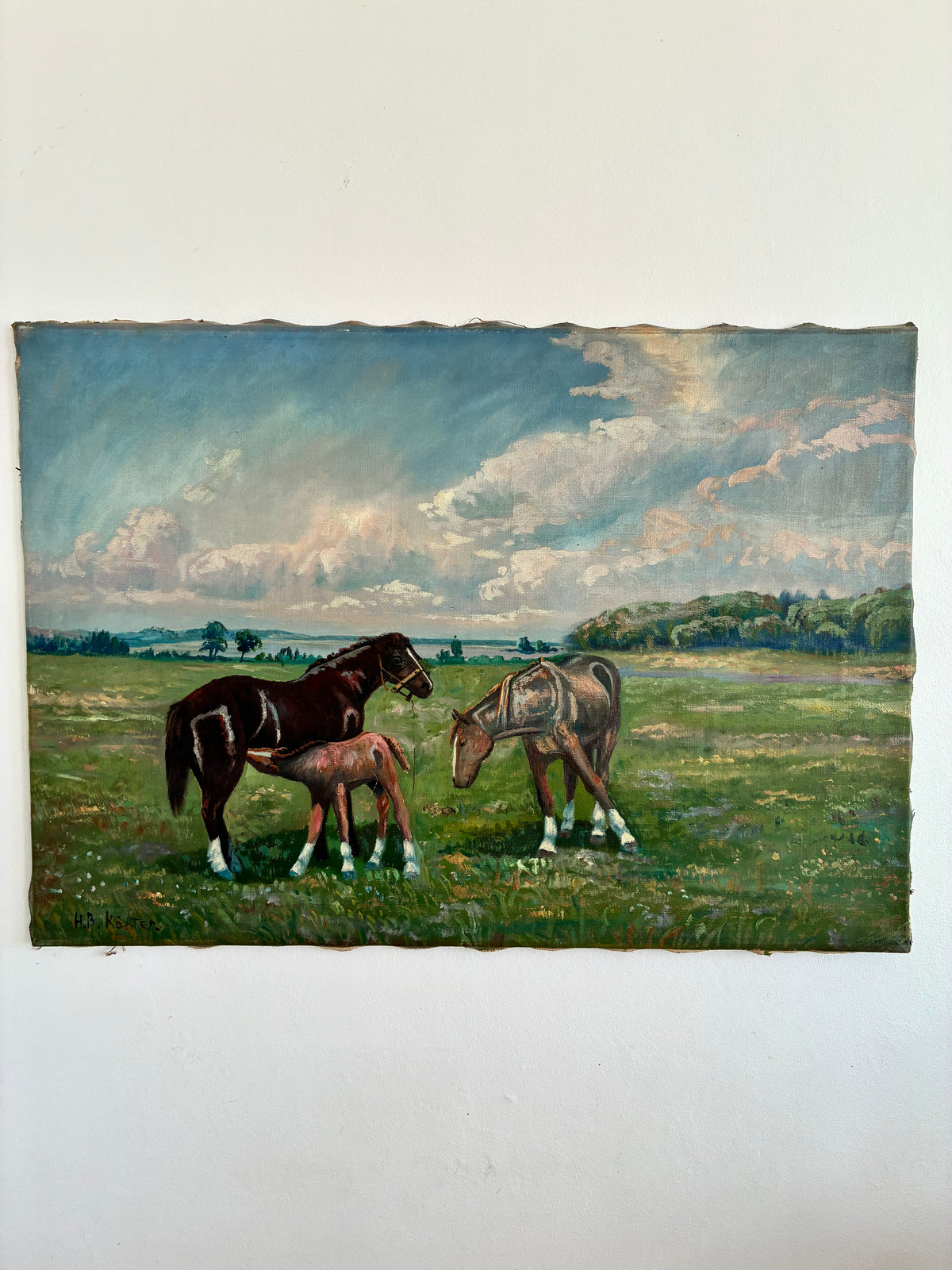 Vintage Signed Horse Landscape Oil Painting