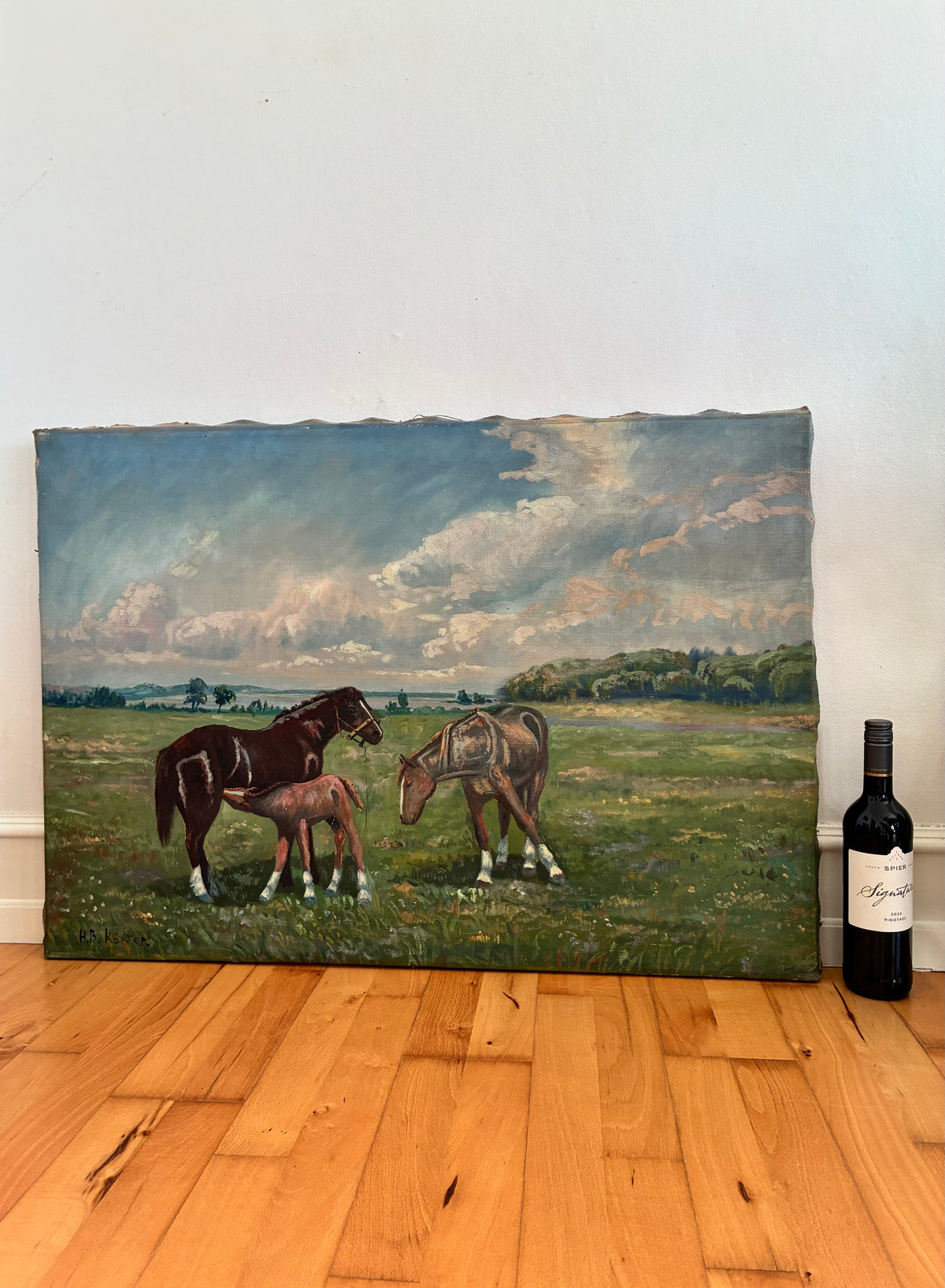 Vintage Signed Horse Landscape Oil Painting