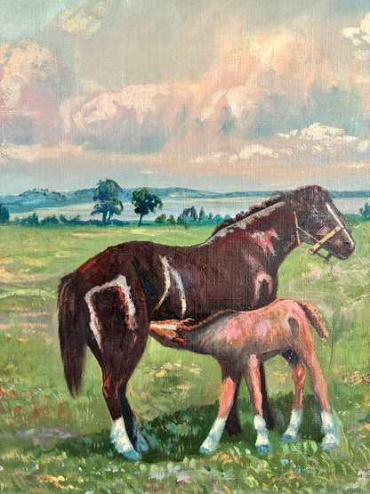 Vintage Signed Horse Landscape Oil Painting
