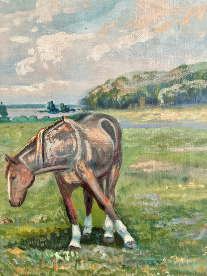 Vintage Signed Horse Landscape Oil Painting