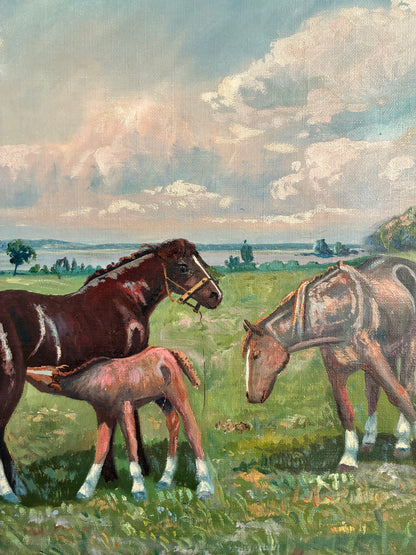 Vintage Signed Horse Landscape Oil Painting