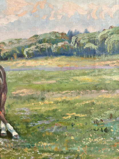 Vintage Signed Horse Landscape Oil Painting