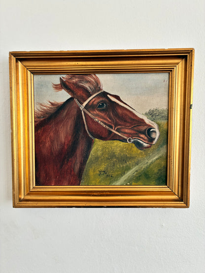 Vintage Signed Horse Portrait Oil Painting, 1936