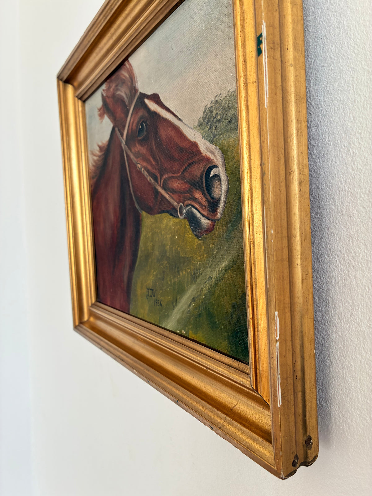 Vintage Signed Horse Portrait Oil Painting, 1936