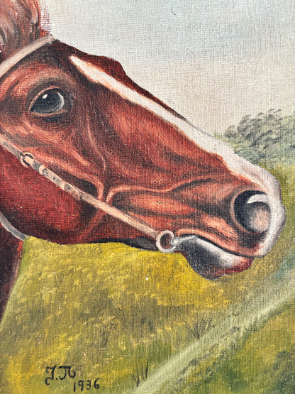 Vintage Signed Horse Portrait Oil Painting, 1936