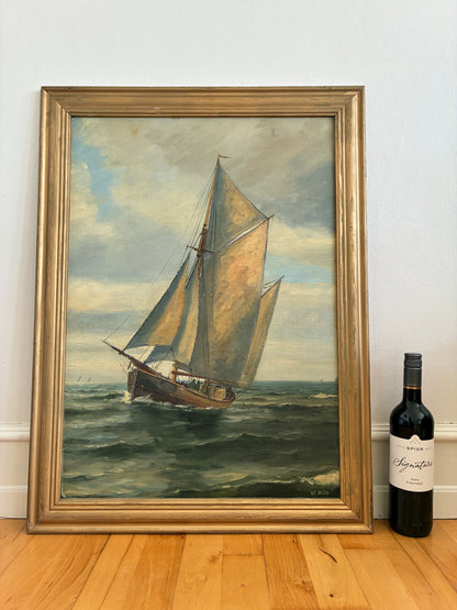 Vintage Signed Sailing Ship Seascape Oil Painting